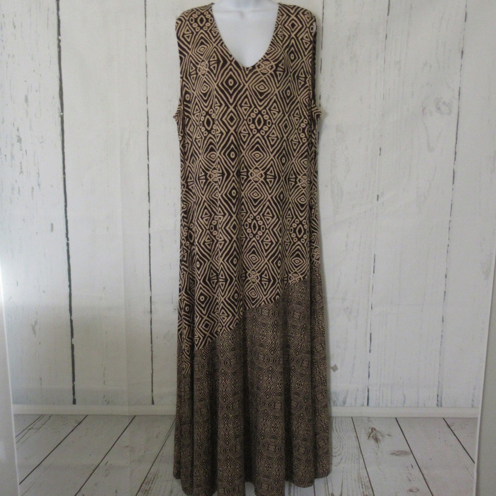 Soft Surroundings Maxi Dress XL Brown Tribal Tulum Geometric Ethnic Sleeveless